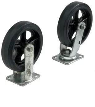 Two black caster wheels with metal brackets and plates.