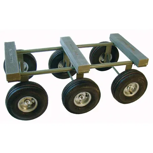Six-wheeled dolly with three wooden crossbars, designed to support an object.