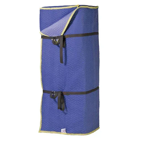 Blue padded furniture cover wrapped around a tall object, secured with black straps.