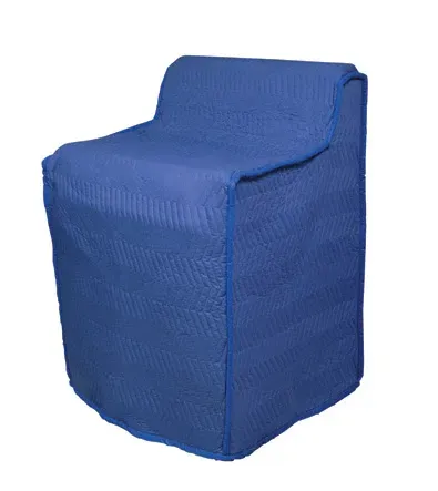 Blue quilted furniture cover on a chair.