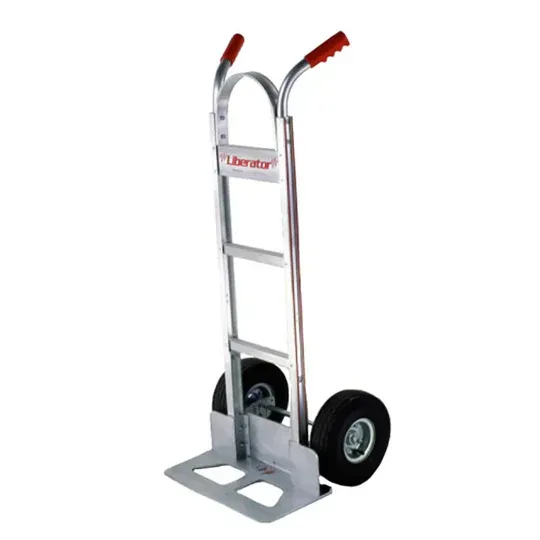 Silver hand truck with red handles and black wheels.