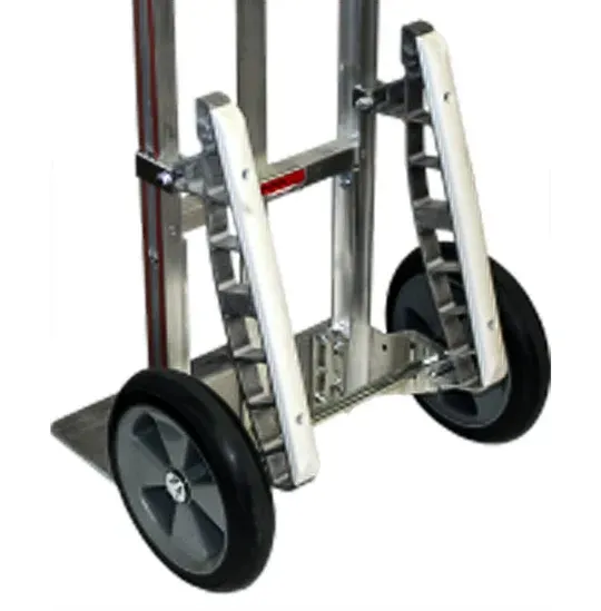 Silver hand truck with two gray wheels and white supports.