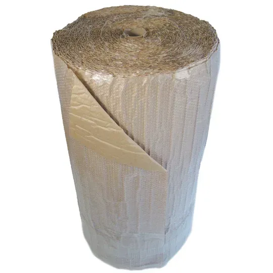 Roll of beige and silver radiant barrier insulation.