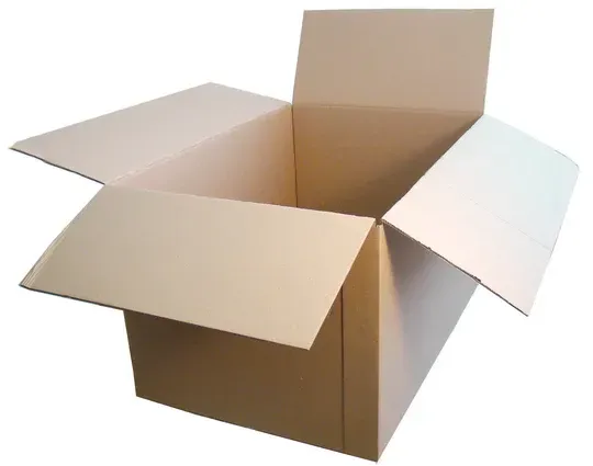 Open cardboard box, flaps partially open. Beige color.