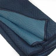 Blue and teal moving blanket, folded. Zigzag stitching.