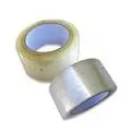 Two rolls of clear packing tape, one upright, one on its side.