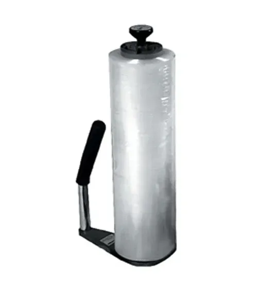 Stretch film dispenser with black handle and roll of clear plastic film.