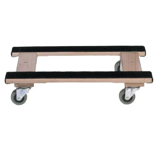 Wooden furniture dolly with four gray swivel casters and black rubber pads.