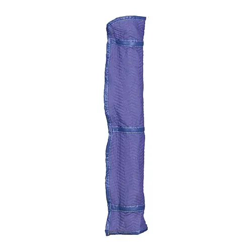 Rolled-up purple yoga mat secured with blue straps.