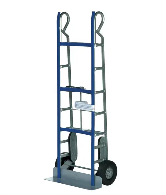 Blue and silver hand truck with large wheels, used for moving heavy objects.