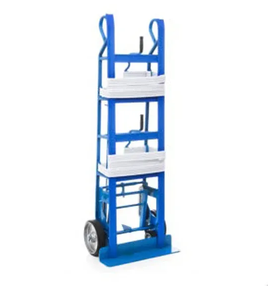 Blue hand truck with multiple platforms and wheels.