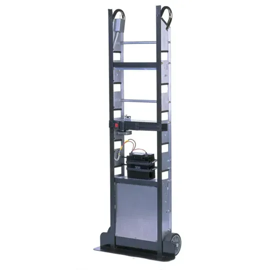 Powered lift cart with an electrical panel and battery, gray frame, and two wheels.