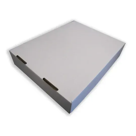White rectangular cardboard box with two small cut-out tabs on the side.