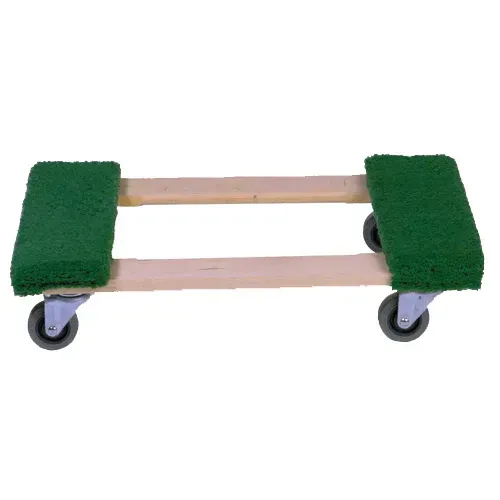 A wooden dolly with green padded ends and four grey wheels, used for moving objects.