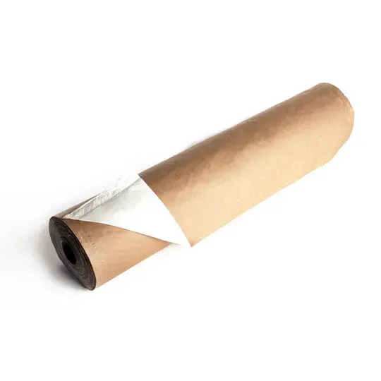 Roll of brown paper with a white surface exposed, likely insulation or packing material.