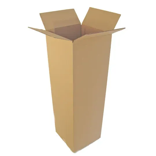 Tall, open cardboard box, tan with flaps extending outward.