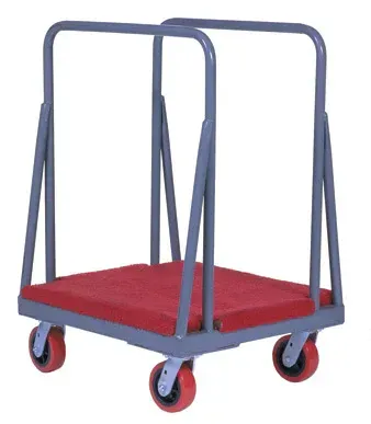 Red and gray steel sheet cart with handle bars and red wheels.