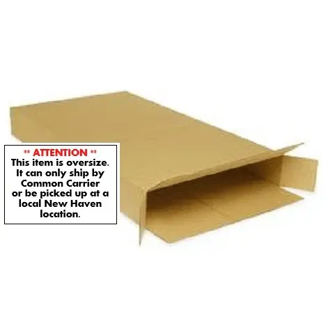 A brown, open cardboard box with text stating it is oversize and ships by common carrier or local pickup in New Haven.