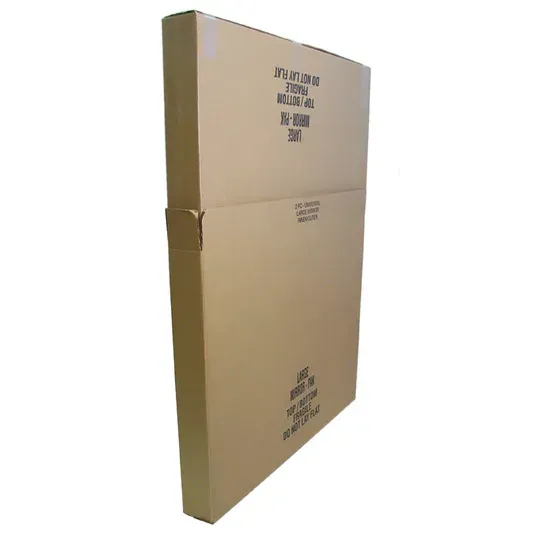 Tall, closed cardboard box with black text printed on it.
