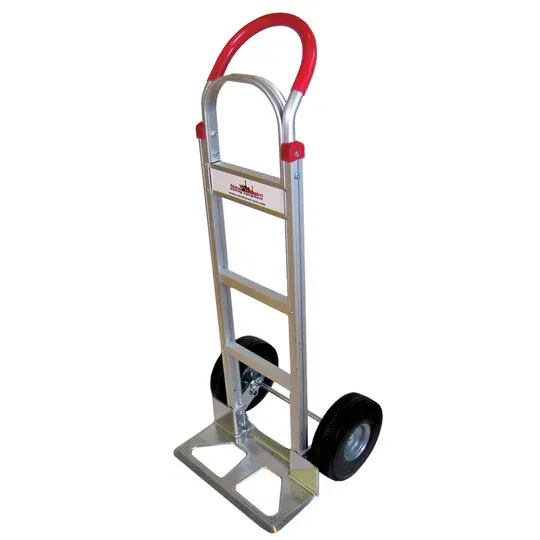 Hand truck with red handle and black wheels.
