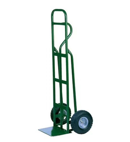 Green hand truck with two wheels.