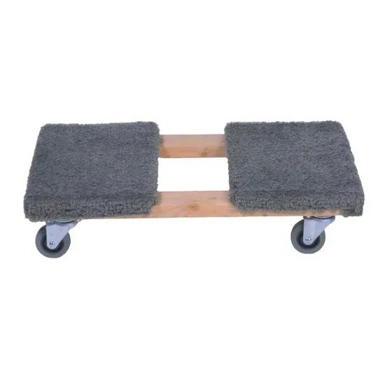 A wooden dolly with four caster wheels and two padded platforms.