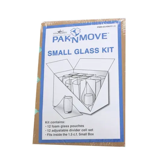 Pak 'N Move small glass kit packaging. Box features illustration of glasses with a blue and white label.