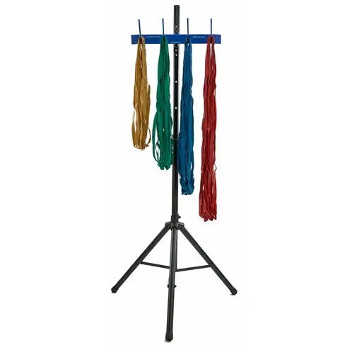 A black tripod stand holding a blue crossbar with hanging colorful exercise bands.
