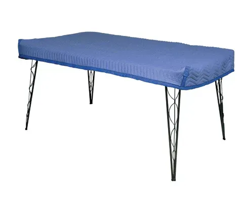 Blue padded table cover on black metal legs.