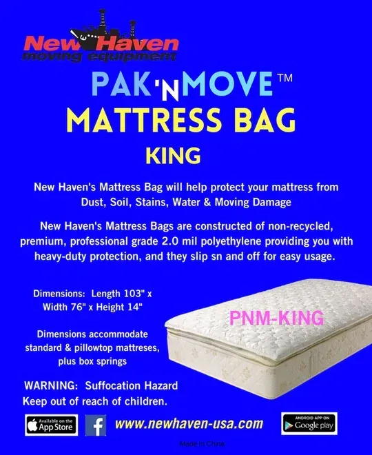 Ad for New Haven Pak'nMove mattress bag. Blue background, a king-sized mattress, and product info.