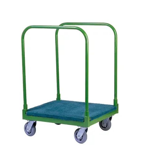 Green industrial platform cart with handle, teal carpeted surface, and grey wheels.