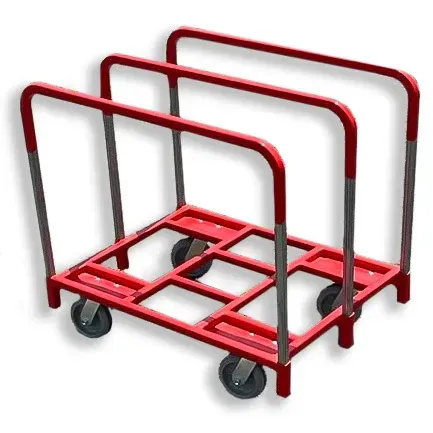 Red metal sheet goods cart with three vertical support bars and four wheels.