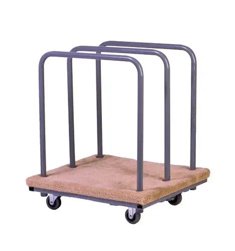 Rolling cart with carpeted base and gray metal upright supports.