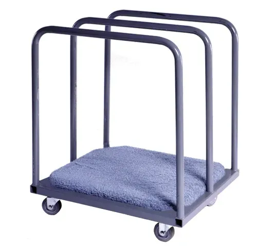 Gray metal cart with three vertical bars, holding a blue towel on a flat bed, four wheels.