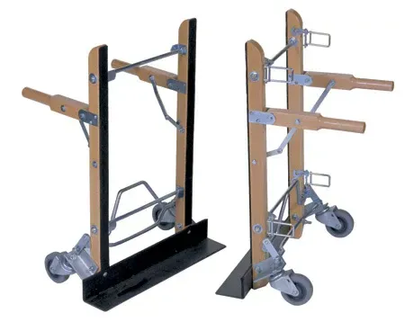 Two wheeled dollies with wooden arms and metal supports for moving heavy objects.