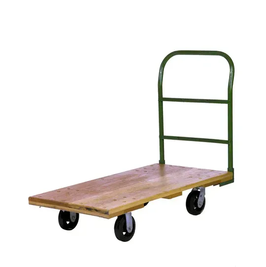 Flatbed cart with wooden deck and green handle. Black wheels.