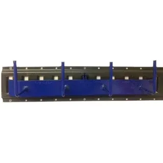 Blue and black cargo trailer e-track with blue hooks.