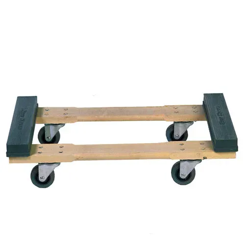 Wooden furniture dolly with four black caster wheels and protective corner pads.