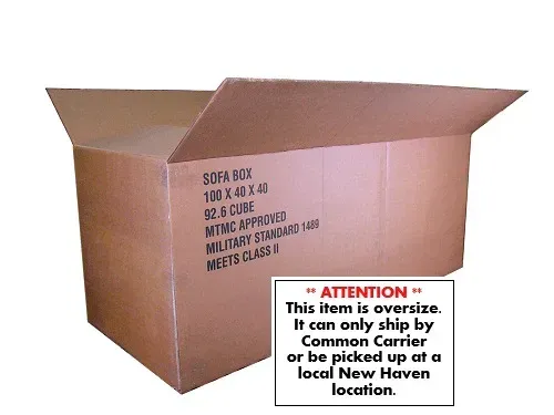 Large cardboard box with text indicating oversized item and shipping restrictions in New Haven.