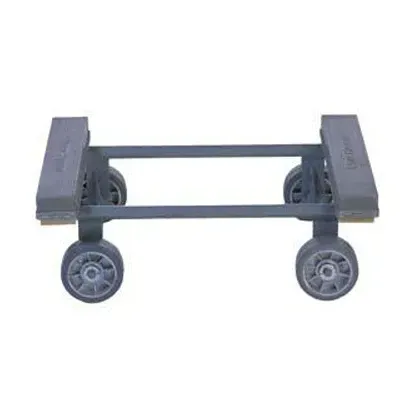 Gray appliance dolly with four wheels.