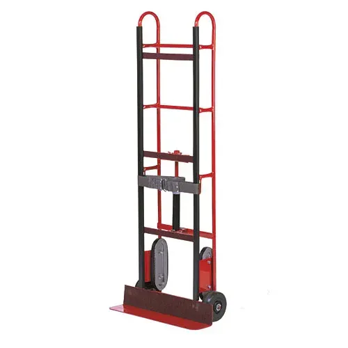 Red and black hand truck with two wheels, designed for moving items.