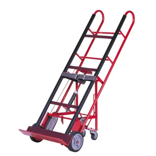 Red and black stair climbing hand truck with gray wheels.