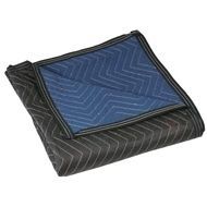 Blue and black moving blanket with zigzag stitching, folded.