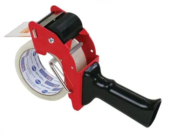 Red and black packing tape dispenser holding a roll of clear tape.