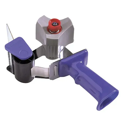 Tape dispenser with purple handle and blade, holding a roll of tape.