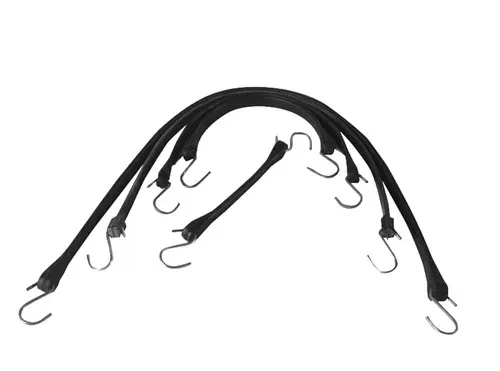 Black bungee cords with metal hooks.