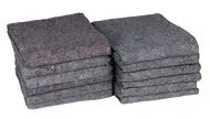 Two stacks of gray, square, folded moving blankets.