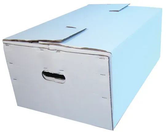 Light blue rectangular cardboard box with handle and flaps.