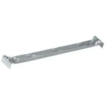 Silver-colored metal air duct connector with folded ends, lying on a white background.
