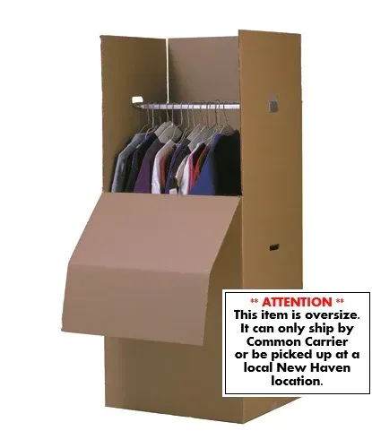 Cardboard wardrobe box with hanging clothes. Text:
